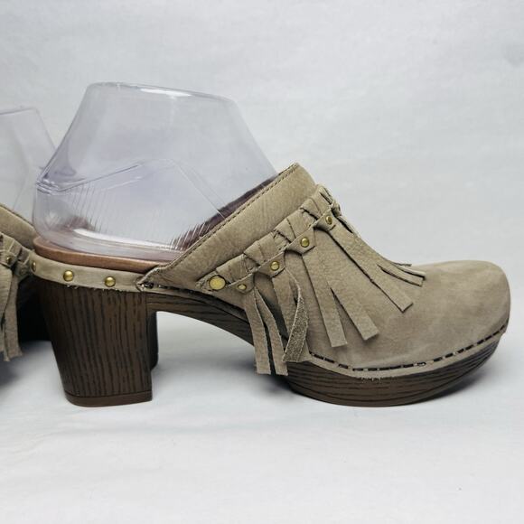Dansko Deni Taupe Leather Fringe Studded 3” Heel Mule Clog Womens Size 38 US 8 - Picture 6 of 11